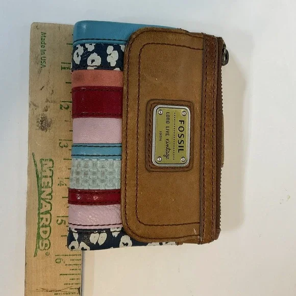 Vintage Fossil Mini Card Holder Coin Wallet Patchwork Brown Leather - Picture 4 of 13
